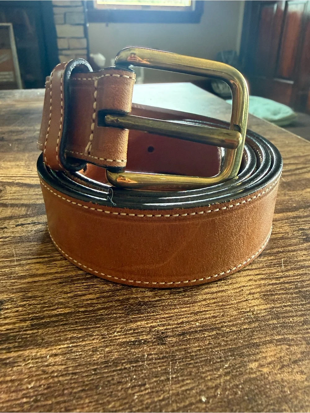 Source Unknown Brown Leather Men's Belt with Brass Buckle